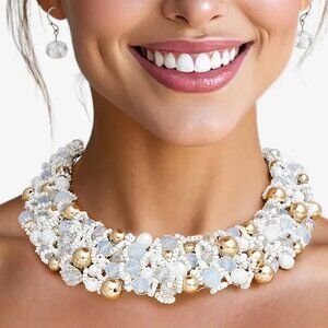 Ivory Empress: White Artistic Glass & Copper Bib Choker Necklace